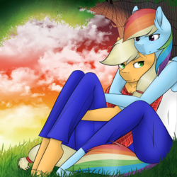 Size: 2500x2500 | Tagged: safe, artist:acidthead, applejack, rainbow dash, anthro, unguligrade anthro, g4, against tree, clothes, commission, female, high res, lesbian, pants, ship:appledash, shipping, sunset, tree, under the tree