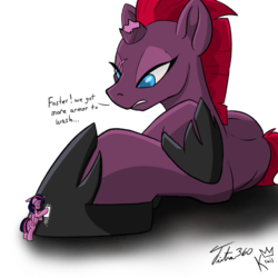 Size: 2000x2000 | Tagged: safe, artist:kingkrail, artist:tsitra360, derpibooru exclusive, edit, tempest shadow, twilight sparkle, alicorn, pony, g4, my little pony: the movie, dialogue, floppy ears, high res, horseshoes, macro, micro, simple background, transparent background, twilight sparkle (alicorn)