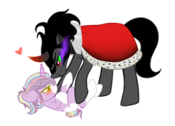 Size: 1941x1409 | Tagged: safe, artist:nikkitatheanimefan, king sombra, oc, oc:snow splat, pony, unicorn, g4, blushing, canon x oc, eye contact, female, heart, looking at each other, male, mare, on back, shipping, simple background, size difference, stallion, straight, transparent background