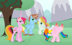 Size: 3000x1900 | Tagged: safe, artist:lalalover4everyt, oc, oc only, oc:arrow strike, oc:dainty fluff, oc:gentle feather, oc:rainbow splash, alicorn, crystal pony, pegasus, pony, female, male, mare, stallion