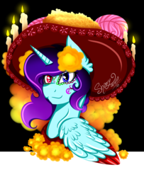 Size: 3000x3687 | Tagged: safe, artist:shamy-crist, oc, oc only, oc:sunny crist, alicorn, pony, candle, female, heterochromia, high res, mare, solo, sombrero