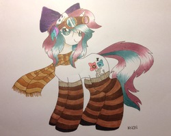 Size: 2048x1630 | Tagged: safe, artist:anonymousnekodos, oc, oc only, oc:invert sugar, pony, unicorn, bow, clothes, female, goggles, hair bow, mare, scarf, socks, solo, striped socks, traditional art
