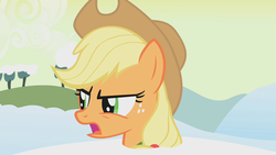 Size: 1280x720 | Tagged: safe, screencap, applejack, earth pony, pony, g4, winter wrap up, angry, cowboy hat, female, hat, mare, snow, solo