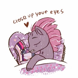 Size: 1280x1280 | Tagged: safe, artist:koriofoxx, fizzlepop berrytwist, tempest shadow, pony, unicorn, g4, my little pony: the movie, bed, blanket, broken horn, eyes closed, female, heart, horn, implied tempestlight, lesbian, mare, open up your *very* eyes, open up your eyes, pillow, plushie, profile, ship:tempestlight, shipping, simple background, sleeping, solo, sweet dreams fuel, twilight sparkle plushie, unshorn fetlocks, white background
