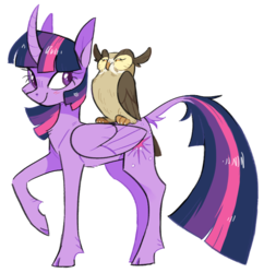 Size: 763x789 | Tagged: safe, artist:xenon, owlowiscious, twilight sparkle, alicorn, pony, g4, cloven hooves, curved horn, female, folded wings, horn, leonine tail, mare, raised hoof, simple background, transparent background, twilight sparkle (alicorn), unshorn fetlocks