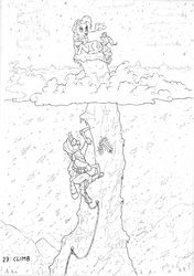 Size: 1200x1708 | Tagged: safe, artist:gor1ck, pinkie pie, g4, climbing, cloud, cup, cupcake, food, hammer, ice ax, monochrome, rope, snow, snowfall, teacup, traditional art