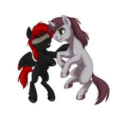Size: 1300x1200 | Tagged: dead source, safe, artist:tuwka, oc, oc:abel, oc:cain, pegasus, pony, unicorn, blindfold, brothers, colored hooves, community related, d'lirium, male, rearing, red and black oc, simple background, steam, transparent background