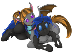 Size: 2550x1896 | Tagged: safe, artist:colli, oc, oc only, oc:mythic dawn, oc:swift dawn, bat pony, changeling, pony, bat pony oc, blue changeling, blue eyes, brother and sister, commission, cuddling, cute, cutie mark, explicit source, female, floppy ears, male, purple eyes, simple background, smiling, snuggling, white background