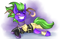 Size: 2740x1783 | Tagged: safe, artist:not-ordinary-pony, oc, oc only, pony, clothes, commission, grin, horn, one eye closed, prone, smiling, solo, wink
