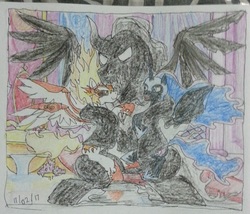 Size: 2439x2089 | Tagged: safe, artist:dragon0693, daybreaker, nightmare moon, pony of shadows, a royal problem, g4, shadow play, high res, hug, traditional art