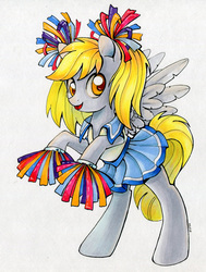 Size: 600x793 | Tagged: safe, artist:maytee, derpy hooves, pegasus, pony, g4, cheerleader, clothes, costume, female, mare, pom pom, rearing, simple background, smiling, solo, white background