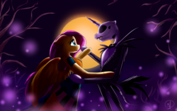 Size: 3200x2000 | Tagged: safe, artist:phuocthiencreation, fluttershy, pegasus, pony, anthro, semi-anthro, g4, anthro with ponies, crack shipping, crossover, crossover shipping, female, full moon, halloween, high res, holiday, jack skellington, male, mare, moon, ponified, sally skellington, shipping, straight, the nightmare before christmas, tree