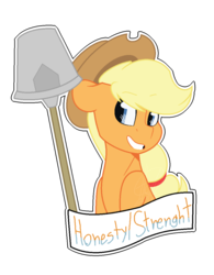 Size: 900x1153 | Tagged: safe, artist:eivilpotter, applejack, earth pony, pony, g4, female, mare, misspelling, old banner, rockhoof's shovel, shovel, simple background, solo, transparent background, wrong eye color