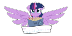 Size: 1599x807 | Tagged: safe, artist:eivilpotter, twilight sparkle, alicorn, pony, g4, book, female, mare, old banner, simple background, solo, starswirl's book, transparent background, twilight sparkle (alicorn)