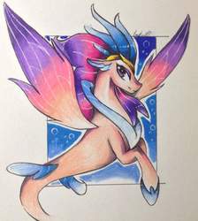 Size: 919x1024 | Tagged: safe, artist:мιzυlela, queen novo, seapony (g4), g4, my little pony: the movie, bubble, colored pencil drawing, colored pupils, crown, cute, eyebrows, eyelashes, eyeshadow, female, fin wings, fins, fish tail, flowing mane, hoof shoes, jewelry, lidded eyes, looking at you, makeup, mare, ocean, open mouth, peytral, purple eyes, purple mane, queen, raised eyebrow, regalia, signature, smiling, smiling at you, solo, spread wings, swimming, tail, traditional art, underwater, water, wings