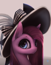 Size: 1046x1321 | Tagged: dead source, safe, artist:noctilucent-arts, pinkie pie, earth pony, pony, g4, beautiful, bust, cute, cuteamena, female, hat, looking at you, mare, pinkamena diane pie, solo