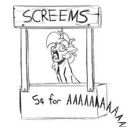 Size: 800x800 | Tagged: safe, artist:witchtaunter, lyra heartstrings, pony, unicorn, g4, aaaaaaaaaa, adventure in the comments, booth, derp, faic, female, floppy ears, frown, majestic as fuck, mare, misspelling, monochrome, open mouth, screaming, shrunken pupils, simple background, sitting, solo, tongue out, white background, wide eyes