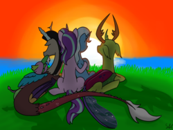 Size: 2048x1536 | Tagged: safe, artist:secreterces, discord, spike, starlight glimmer, thorax, trixie, changedling, changeling, dragon, pony, unicorn, g4, king thorax, sitting, sunrise, wholesome