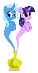 Size: 321x609 | Tagged: safe, artist:navitaserussirus, trixie, twilight sparkle, genie, asktwixiegenies, g4, cropped, female, lesbian, ship:twixie, shipping