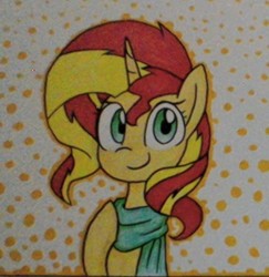 Size: 486x499 | Tagged: safe, artist:rozzertrask, sunset shimmer, pony, unicorn, g4, clothes, female, mare, scarf, solo, traditional art