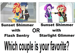 Size: 1976x1436 | Tagged: safe, flash sentry, starlight glimmer, sunset shimmer, equestria girls, equestria girls specials, g4, good vibes, my little pony equestria girls: mirror magic, my little pony equestria girls: summertime shorts, choice, female, lesbian, male, ship:flashimmer, ship:shimmerglimmer, shipping, shipping war, straight, wrong aspect ratio