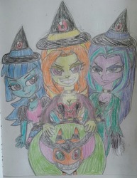 Size: 1024x1327 | Tagged: safe, artist:tobiisabunny, adagio dazzle, aria blaze, sonata dusk, equestria girls, g4, halloween, holiday, the dazzlings, traditional art, witch