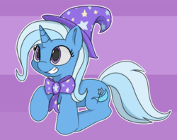 Size: 644x509 | Tagged: safe, artist:treekickerdraws, trixie, pony, unicorn, g4, bowtie, clothes, cute, diatrixes, female, grin, hat, mare, raised hoof, sitting, smiling, solo, squee, trixie's hat, weapons-grade cute