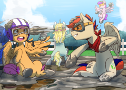 Size: 2800x2000 | Tagged: safe, artist:elzielai, scootaloo, oc, oc:zephyr leaf, pegasus, pony, unicorn, g4, bandana, cute, cutealoo, cutie mark, determined, dirty, female, filly, foal, goggles, group, helmet, high res, male, mud, muddy, outdoors, playing, reflection, sky, smiling, smirk, stallion, surprised, surprised face, water, wings