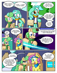 Size: 1280x1656 | Tagged: safe, artist:zanezandell, lyra heartstrings, oc, oc:sugarbolt, oc:truffle mint, pony, comic:cmcnext, g4, apology, armpits, ascot, ask, belt, bipedal, clothes, cmcnext, colt, comic, female, goggles, laser, magical lesbian spawn, male, mother, mother and son, offspring, parent:bon bon, parent:lyra heartstrings, parents:lyrabon, saddle bag, scarf, shirt, son, speech bubble, tumblr, vest, you dun goofed