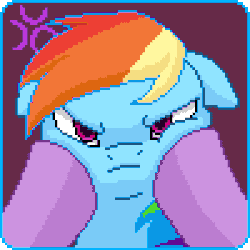Size: 300x300 | Tagged: safe, artist:imreer, rainbow dash, pony, shiba inu, g4, my little pony: the movie, angry, animated, cheek squish, cross-popping veins, cute, dashabetes, doge, female, female pov, floppy ears, frown, gif, glare, implied tempest shadow, implied twilight sparkle, looking at you, offscreen character, pixel art, pov, puffy cheeks, rainbow dash is not amused, shibe, solo focus, squishy cheeks, this will end in pain, unamused