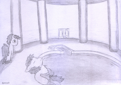 Size: 4883x3430 | Tagged: safe, artist:geljado, oc, oc only, oc:broken symmetry, duo, eyes closed, male, monochrome, open door, sketch, swimming pool, traditional art, water