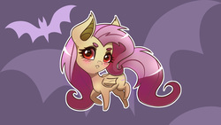 Size: 2560x1440 | Tagged: safe, artist:pitchyy, fluttershy, bat pony, g4, blushing, chibi, female, flutterbat, looking at you, mare, race swap, red eyes, solo