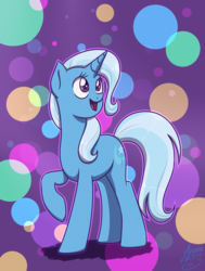 Size: 1280x1691 | Tagged: safe, artist:azura-arts, trixie, pony, unicorn, g4, abstract background, female, mare, raised hoof, smiling, solo