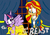 Size: 2305x1593 | Tagged: safe, artist:shonatabeata, sunset shimmer, twilight sparkle, alicorn, human, equestria girls, g4, alternate clothes, beauty and the beast, crossover, disney, female, lesbian, looking at each other, ship:sunsetsparkle, shipping, twilight sparkle (alicorn)