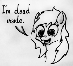 Size: 1792x1613 | Tagged: safe, artist:insanus.ad, oc, oc only, pony, bust, chest fluff, dead inside, depressed, depression, dialogue, drowning, female, grayscale, looking at you, mare, monochrome, open mouth, portrait, smiling, solo, traditional art