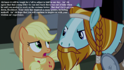 Size: 1280x720 | Tagged: safe, edit, edited screencap, screencap, applejack, rockhoof, earth pony, pony, g4, season 7, shadow play, braid, female, hat, implied jerks, male, manehattan, mare, stallion, text