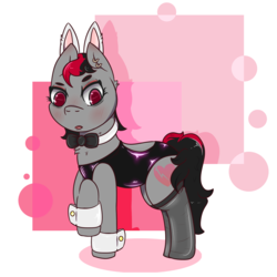 Size: 1500x1500 | Tagged: safe, artist:lazerblues, oc, oc only, oc:miss eri, bags under eyes, black and red mane, blushing, bunny suit, choker, clothes, cufflinks, cuffs (clothes), ear piercing, latex, piercing, raised hoof, scar, solo, stockings, thigh highs, two toned mane