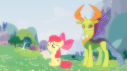 Size: 1280x719 | Tagged: safe, artist:tardifice, apple bloom, thorax, changedling, changeling, earth pony, pony, g4, a changeling tail romance, fake, fake screencap, fake screenshot, fake spoiler, faker than a three dollar bill, king thorax, parody, scene parody