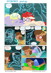 Size: 6197x8760 | Tagged: safe, artist:jeremy3, dinky hooves, sunshower raindrops, twist, oc, oc:trissie, pony, comic:everfree, g4, absurd resolution, clothes, comic, magic, shirt