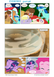 Size: 6197x8760 | Tagged: safe, artist:jeremy3, dinky hooves, pinkie pie, twilight sparkle, twist, oc, oc:emerald lily, oc:trissie, alicorn, earth pony, pony, unicorn, comic:everfree, g4, absurd resolution, clothes, comic, crater, crying, teary eyes, twilight sparkle (alicorn)