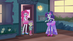 Size: 1898x1080 | Tagged: safe, screencap, lily pad (g4), pinkie pie, rarity, equestria girls, g4, my little pony equestria girls: better together, pinkie sitting, clothes, dress, geode of sugar bombs, rah rah skirt, skirt, young