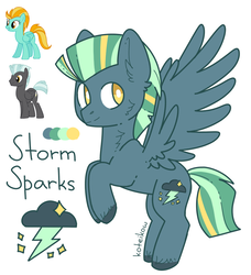 Size: 870x956 | Tagged: safe, artist:fusionsofponies, artist:koteikow, lightning dust, thunderlane, oc, oc:storm sparks, pegasus, pony, g4, cheek fluff, color palette, cutie mark, ear fluff, female, flying, fusion, fusion:lightning dust, fusion:thunderlane, male, mare, name, neck fluff, signature, spread wings, stallion, unshorn fetlocks, wings