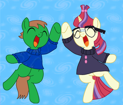 Size: 1265x1081 | Tagged: safe, artist:ianpony98, derpibooru exclusive, moondancer, oc, oc:ian, pony, g4, clothes, duo, female, glasses, happy, high five, male, mare, open mouth, stallion, sweater