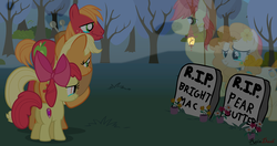 Size: 4096x2160 | Tagged: safe, artist:raindashesp, apple bloom, applejack, big macintosh, bright mac, pear butter, ghost, undead, g4, bright mac's ghost, crying, feels, gravestone, implied death, night, pear butter's ghost