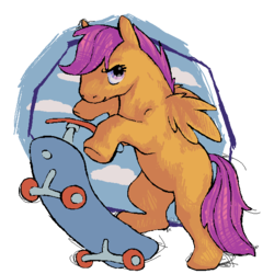 Size: 600x600 | Tagged: safe, artist:feathersandink, scootaloo, pegasus, pony, g4, female, filly, looking at you, scooter, simple background, solo, transparent background
