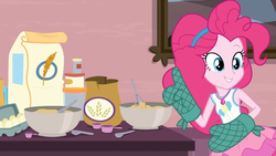 Size: 1366x768 | Tagged: safe, screencap, pinkie pie, equestria girls, g4, my little pony equestria girls: better together, pinkie sitting, cooking, female, flour, geode of sugar bombs, solo