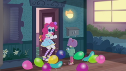 Size: 1366x768 | Tagged: safe, screencap, lily pad (g4), pinkie pie, equestria girls, equestria girls series, g4, pinkie sitting, balloon, clothes, converse, shoes, young