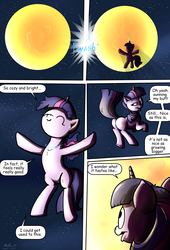 Size: 1280x1877 | Tagged: safe, artist:shieltar, part of a set, twilight sparkle, pony, unicorn, comic:giant twilight, g4, butt, comic, cute, dialogue, female, giantess, macro, magic, part of a series, plot, pony bigger than a planet, size difference, smiling, solo, space, stars, sun, teleportation, twibutt, unicorn twilight