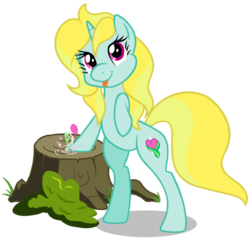 Size: 732x707 | Tagged: safe, artist:dosey--doe, oc, oc only, oc:wish song, pony, unicorn, :p, female, mare, tongue out, tree stump
