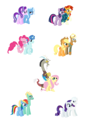 Size: 1024x1443 | Tagged: safe, artist:snufflebug, applejack, discord, double diamond, fluttershy, party favor, pinkie pie, rainbow dash, rarity, starlight glimmer, sunburst, trenderhoof, trixie, twilight sparkle, zephyr breeze, g4, diamond duo, female, lesbian, male, mane six, ship:discoshy, ship:partypie, ship:startrix, ship:twiburst, ship:zephdash, shipping, straight, trenderjack